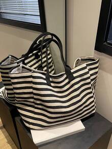 Canvas Tote Bag For Women, Large Capacity, New Summer Style, Versatile Shoulder Bag, Striped Texture, Suitable For School And Commute - Black and White - View 7