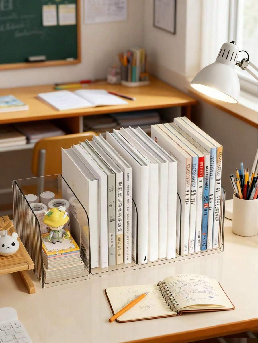 1pc Acrylic Desktop Book Stand, Desk Organizer, Pen Holder, File Tray - Stackable Acrylic Desktop File Organizer, Transparent Document Tray For Files, Papers, IPad, Letters, Small Items To Reduce Desk Clutter - Multicolor - View 1
