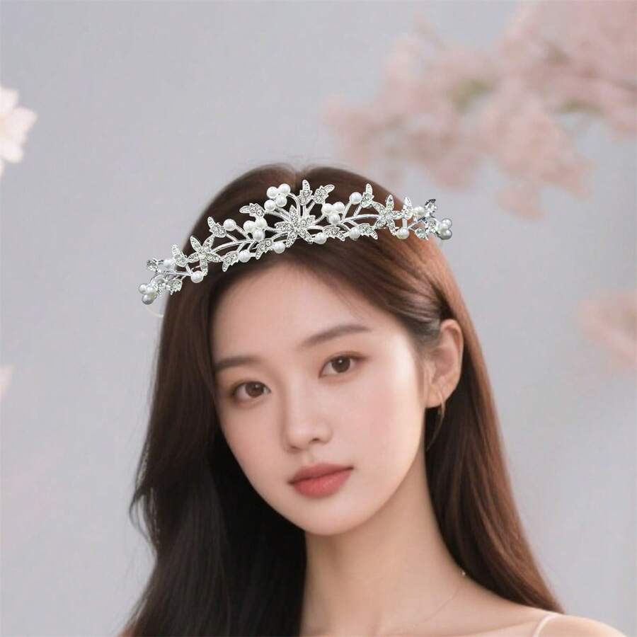Bridal Tiaras Rhinestone Flower Pearl Headband For Wedding Party Stage Hair Accessories - Silver - View 1