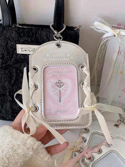 Silver PU Leather Card Holder – Ins Ballet-Themed 3-Inch Card Display Pendant With DIY Ribbon.