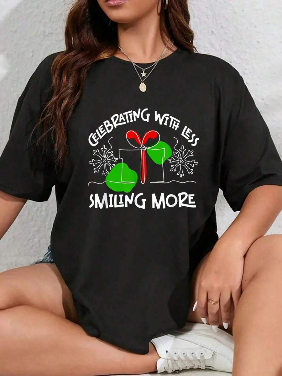 Camiseta minimalista de Navidad - Otoño 100% algodón, camiseta de cuello redondo con estampado de árbol de Navidad, top de Navidad para mujeres - Blanco - Ver 1