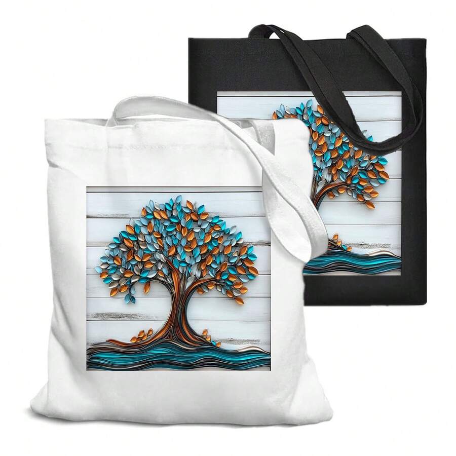 1pc 35*40cm(14*16 Inch) Modern Abstrat Tree Of Life Poster Art Shopping Bag, Multi-Compartment Canvas Bag, 100% Polyester Fabrics Printed Design For Organizing Essentials - 顏色 - 查看 1