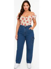 Jeans Pantalon de Mezclilla para Mujer con Bolsas de Cargo Pierna Ancha Flare Tela Stretch Cómoda Versátil Estilo Urbano Uso Diario o Salida de Noche Moda Casual - Azul Marino - Ver 6