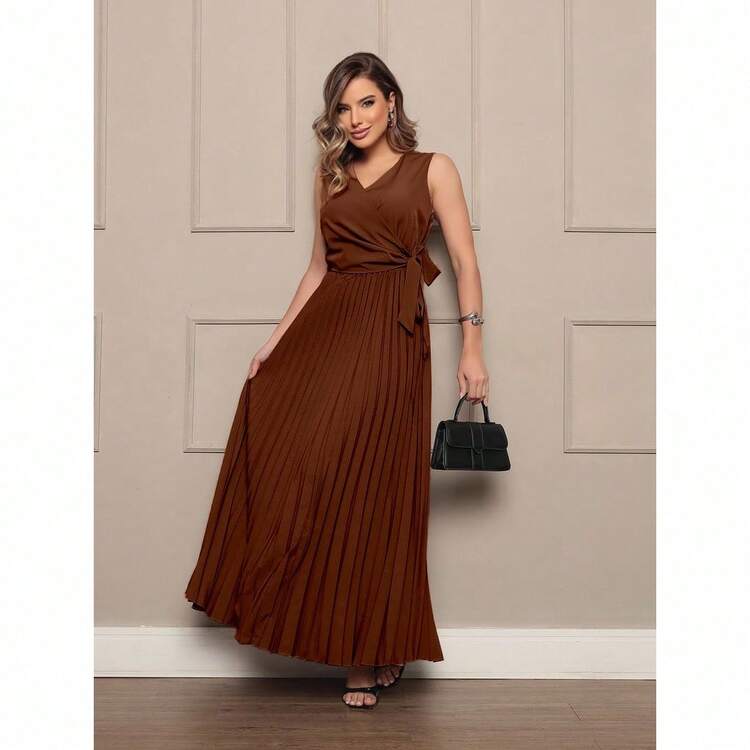 Sleeveless Pleated Maxi Dress With V-Neckline And Adjustable Waist - Elegant And Versatile For Events - Coffee Brown - View 2