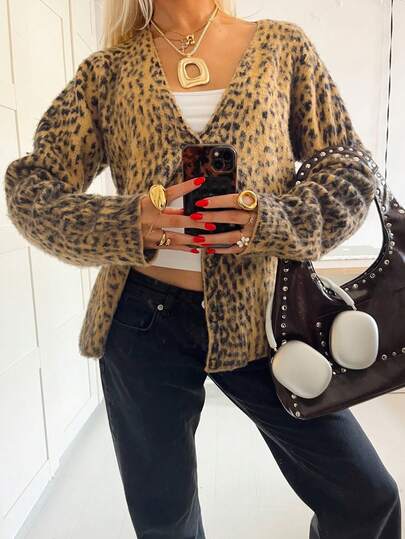 Cardigan en tricot boutonné à col en V et imprimé léopard pour femme, à la mode automne/hiver