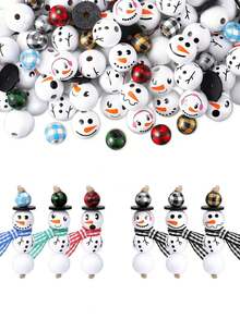 50pcs- Christmas Wooden Beads Winter Snowman Wooden Beads Buffalo Plaid And Colorful Cord Scarf Suitable For Christmas And Winter DIY Crafts Party Craft Decorations - Multicolor - View 3