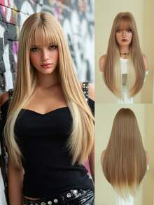 AKAKO Parrucca dritta extra lunga con riflessi biondi-beige chiari per donne - Parrucca sintetica soffice con frangia, capelli in fibra resistente al calore dall'aspetto naturale, parrucche di stile gotico scuro alla moda per uso quotidiano, feste, San Valentino, festival musicali e cosplay di Ognissanti, 71 cm