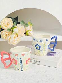 1 Stück 380ml Fassungsvermögen Keramikbecher mit kreativem Unterglasur Blumen Handbemaltem Muster, geeignet für Milch & Kaffee - Verschiedenfarbig - Übersicht 6