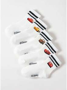 Disney 5双装儿童中筒袜，汽车卡通图案，黑白条纹，可爱图案设计，时尚休闲透气学生袜，适合日常穿着、返校季、节日礼物，袜子 - 彩色 - 查看 3