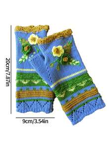 Luvas femininas de tricô bordado com gancho pequeno e flor quente, luvas de fio jacquard feitas à mão