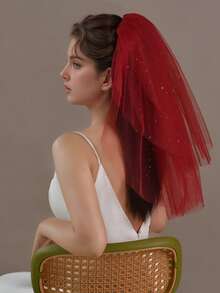 1 pièce Serre-tête de mariée en tulle bordeaux avec des perles de faux-perles, convient pour la cérémonie de mariage, la réception, les fiançailles. Accessoires pour tenues d'automne pour femmes, Saint-Valentin - V267 - Voir 11