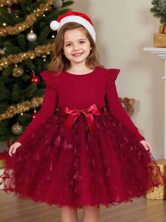 Young Girls' Christmas Ruffle Trim Long Sleeve Patchwork 3D Butterfly Mesh Dress With Belt