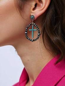1pc Western Country Style Women Earrings, Gun Black Electroplating, Brushed Surface, Synthetic Green Turquoise Embellished, Teardrop Design, Suitable For Beach Holiday, Work, Daily Wear, Valentine's Day, Mother's Day Gift,Mom,Mother,Mother's Day,Gift - Teardrop - View 9