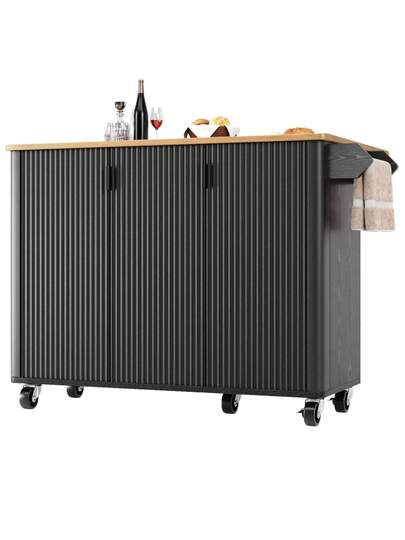 Kitchen Isl Wood Grain Dining Cart, Buffet, 130x45(75)X92cm, Rolling Trolley Towel Holder, Spice Rack, Adjustable Dividers, Doors, White/Black view 8