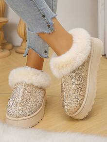 1 Pair Fashionable Fluffy Lined Slip-On Thick Sole Warm House Slippers, Suitable For Teenagers, Autumn/Winter