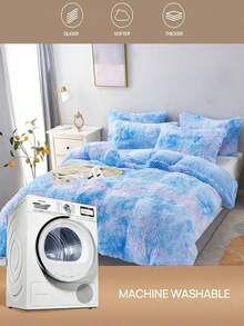 Bộ chăn ga gối đệm bằng vải lông chồn giả nhuộm loang mềm mại và ấm áp 1 món (1 chăn ga gối đệm + 2 vỏ gối), thích hợp cho phòng ngủ và phòng khách, có thể giặt bằng máy - Màu xanh lam - Xem 6