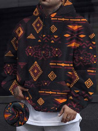 Men's Totem Print Hooded Fleece Sweatshirt, Halloween Color, Fall/Winter, Long Sleeve Top