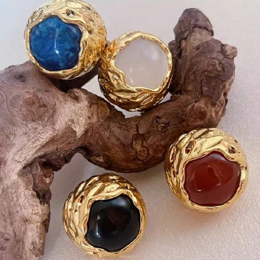 1 pieza Anillo abierto de diseño único vintage con piedra natural exagerada, ágata negra, lapislázuli, cristal blanco, lava, adecuado para mujer para uso diario, citas, vacaciones, festivales de música, fiestas, Año Nuevo, Día de la Madre, regalo del Día de San Valentín
