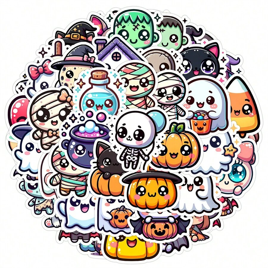 50pcs New Cute Halloween Doodle Stickers, Suitable For Water Bottles, Computers, Decorative Stickers, Halloween Stickers - Multicolor - View 1