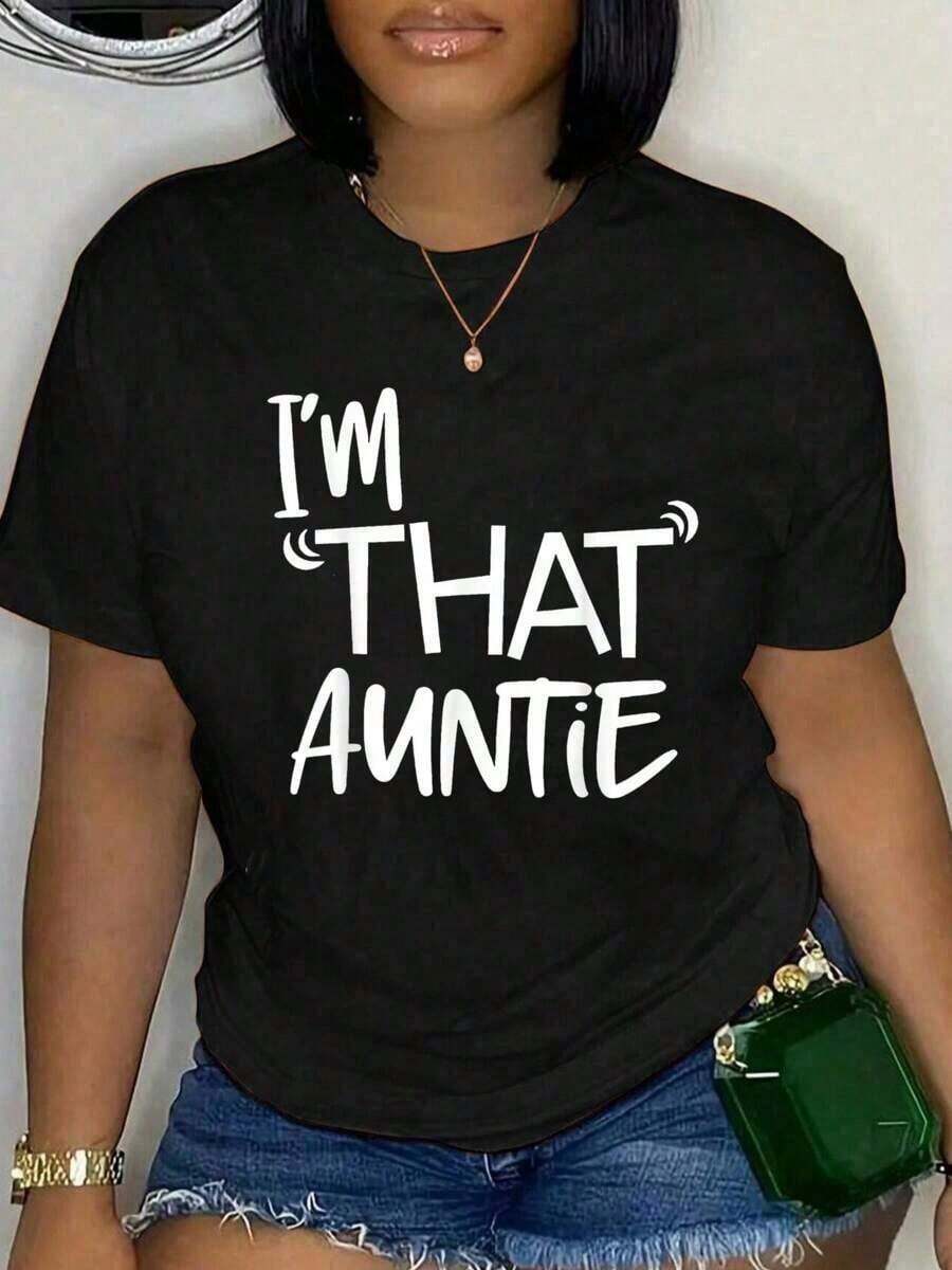 % Cotton I'That Auntie Funny Best Aunt Tee-Shirt Women's Summer Plus Size Classic Soft Crew Neck Tee Tops% Comfortable CottonLoose And Comfortable - Black - View 1