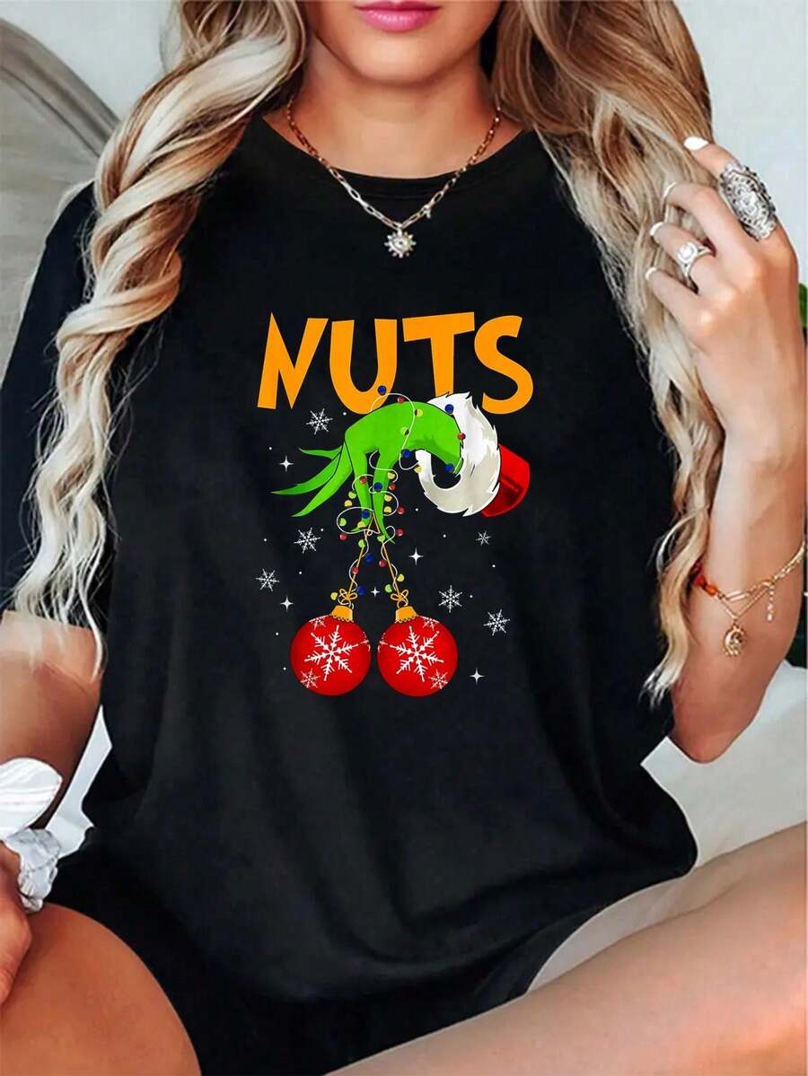 Camiseta de Navidad con guitarra, gorro de Papá Noel y cuernos de reno para niños y adultos - 100% algodón, primavera/otoño, camiseta de mujer con patrón de galleta divertido de copo de nieve de Navidad - Bronce - Ver 1