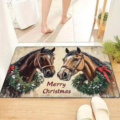 1 pieza Felpudo de bienvenida con diseño de caballo navideño - Lavable a máquina, suave, resistente a la decoloración, de poliéster de pelo bajo, alfombra rectangular para entrada, cocina, sala de estar, dormitorio, pasillo, baño - Felpudo de Feliz Navidad, adecuado para la decoración navideña del hogar