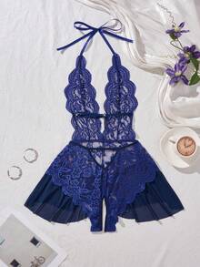 AESKEIA 女士性感内衣，蕾丝边情趣连衣裙，诱人开裆紧身衣 - 藏蓝色 - 查看 10