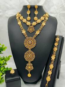 4件套镀金双层花卉吊坠项链、耳环、手链、戒指首饰套装，适合沙特阿拉伯、欧美、中东、迪拜、非洲新娘，适用于婚礼、派对、约会、母亲节、毕业典礼、情人节、音乐节、生日、节日等场合。 - 四件套1 - 查看 1