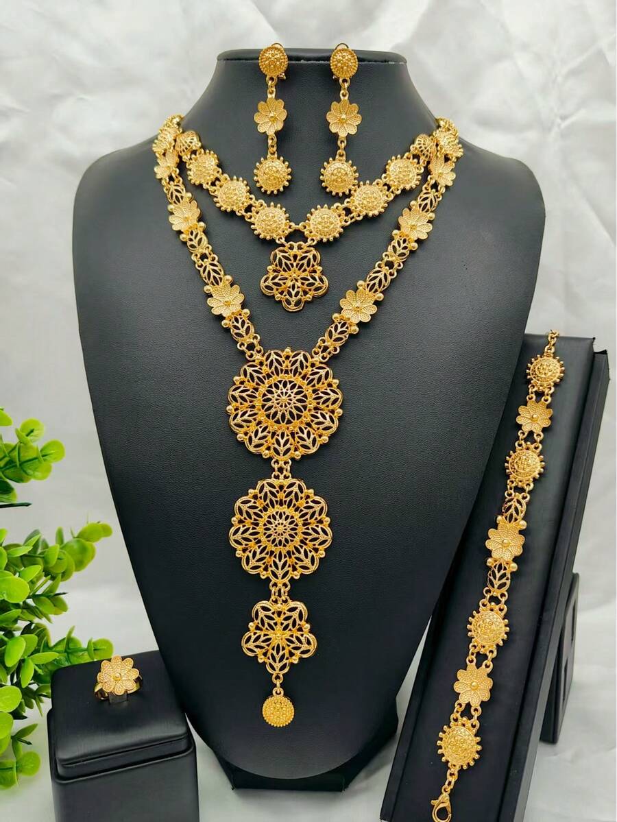 4件套镀金双层花卉吊坠项链、耳环、手链、戒指首饰套装，适合沙特阿拉伯、欧美、中东、迪拜、非洲新娘，适用于婚礼、派对、约会、母亲节、毕业典礼、情人节、音乐节、生日、节日等场合。 - 四件套1 - 查看 1