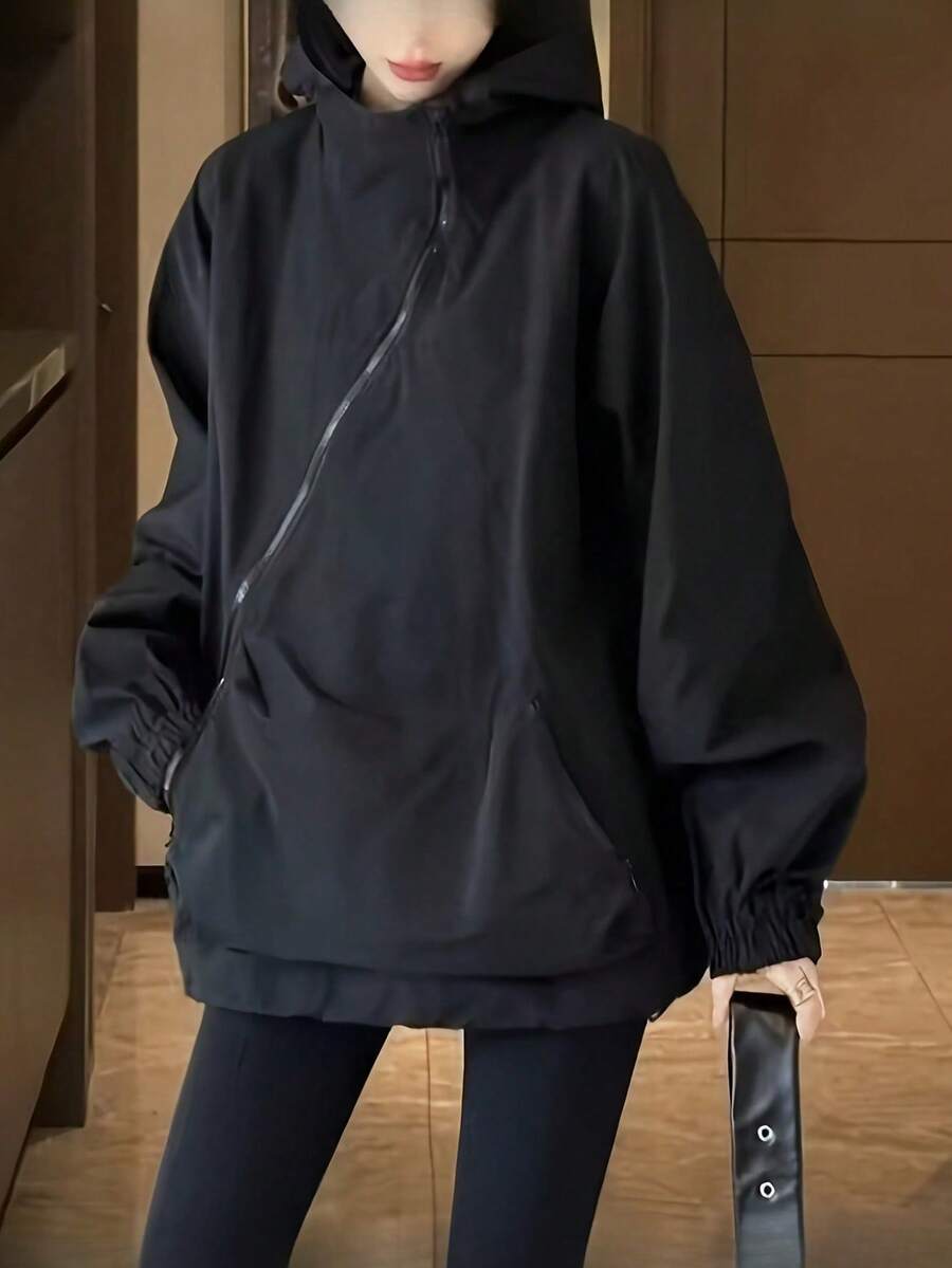 Black Relaxed Fit Lightweight Hooded Jacket - Slant Zipper Design, Retro Casual Outdoor Pullover, Spring/Autumn Coat, Machine Washable, Multifunctional Casual Wear - màu đen - Xem 1