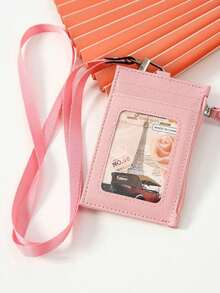 休闲仿皮卡包 - 1 件带挂绳的拉链证件包 - 无衬里可手洗女士钱包迷你钱包钱包学校用品卡包钱包返校用品 - 彩色 - 查看 15