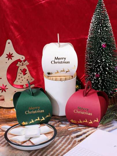 10pcs Christmas Gift Boxes With Handle, Green And Red Candy Cookie Packaging Box With Gold Sleigh And "Merry Christmas" Print, Elegant Favor Box For Holiday Party, Wedding, Birthday, Table Decoration, Creative Paper Gift Wrapping Box, Festive Storage For Chocolates And Sweets, Cute Reusable Gift Packaging, Xmas Tree Hanging Ornament,