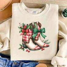 1 pièce/2 pièces/3 pièces Autocollants de transfert de chaleur en feuille d'aluminium de bottes de cowboy occidental, avec motif à carreaux rouges et verts, boucle et nœud marrons - Décalcomanies de presse à chaud DTF pour t-shirts, jeans, sacs, oreillers, artisanat textile - Décoration de Noël thème western à motif à carreaux avec boucle dorée et nœud rouge, couleurs de vêtements vibrantes