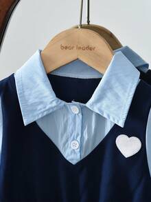 Fall Splice Long Sleeves Love Patch Shirt-Like Dress For Young Girls Spring Turn-Down Collar Fashion Style Clothes Young Girl Casual Wear 3 To 7 Years - Blue - View 3
