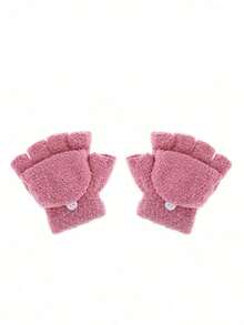 儿童露指手套可转换连指手套翻盖手套幼儿冬季柔软针织手套适合男孩和女孩 - 彩色 - 查看 9