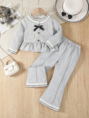 2pcs/Set Young Girl's Casual Elegant Academic Lady Outfit, Cute Dopamine Style 3D Bow Lace Trim Collar Long Sleeve Top With Button Front Dress And Flared Pants Set, Suitable For Outdoor, Vacation, Social Gathering, Spring/Autumn/Winter