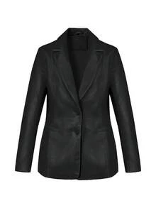 Risissida 女士仿皮 PU 夹克外套翻领商务休闲夹克中长款春秋时尚夹克带口袋冬季外套 - 黑色 - 查看 2