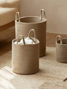 1个可折叠手工编织洗衣篮，带提手，大容量，圆形多用途储物篮，有卡其色和白色可选，适合存放衣物、毯子、玩具、节日用品、家居装饰品，适用于洗衣房、浴室、卧室、客厅、走廊等场所。