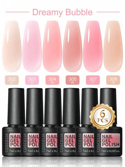 coscelia 6pcs Crystal Jelly Gel Nail Polish Set, Transparent Pink Nude Color Removable Gel Polish Set, Long-Lasting Non-Chip, Suitable For Women DIY Manicure Salon Gift