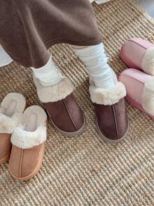 Damskie, jednokolorowe, swobodne, pluszowe kapcie wsuwane z futerkowym wykończeniem, wygodne, domowe ubranie na jesień/zimę