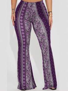 Women's Fashionable Bohemian Style Floral Print Flare Leg Romantic Beach Vacation Party Casual Pants, Suitable For Holidays, Dates, Outings, And Daily Wear Spring - Purple - View 3