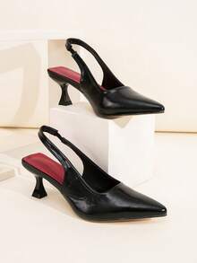 黑色PU皮革宽楦后跟带细高跟礼服鞋，适合日常穿着、宴会、派对等场合，时尚大码女鞋，猫跟鞋 - 黑色 - 查看 7
