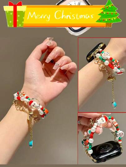 1 pezzo Cinturino compatibile per Apple Watch natalizio da 38/40/41/42/44/45/46/49mm, braccialetto fatto a mano con perline a forma di pupazzo di neve e fiocchi di neve per Apple Watch Ultra Serie 1-10 e SE