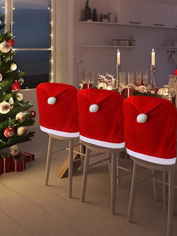 1/2/4/6pcs Christmas Hat Chair Covers, Suitable For Christmas Holiday Celebrations, Parties, Birthdays, New Year Decorations, Kitchen Chair Back Covers, Home Christmas Decorations, Party Accessories, Holiday Seating, Christmas Themed Design, Lightweight Fabric Material, Slip-On Covers, Suitable For Homeowners And Entertainers