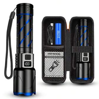 1pc Rechargeable LED Flashlight, Battery Powered Flashlight Combo With Digital Display, Reverse Charging, 3 Modes Adjustable Zoom, Aluminum Alloy Portable Design, Suitable For Home, Outdoor, Camping, Hiking, Applicable For Easter, Christmas, Carnival, Halloween, Thanksgiving