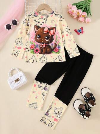 2pcs/Set Girls Casual Cute Cat, Flower, Bow Print Lightweight Soft Knit Fabric Long Sleeve T-Shirt And Pants Set, Autumn/Winter