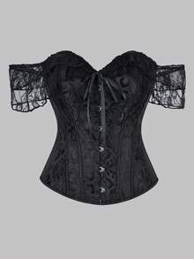 1 件女式宫廷风格紧身胸衣上衣，经典提花紧身胸衣蕾丝露肩性感紧腰塑身复古婚礼派对紧身胸衣，适合万圣节 - 黑色 - 查看 1