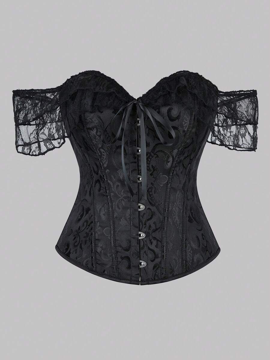 1 件女式宫廷风格紧身胸衣上衣，经典提花紧身胸衣蕾丝露肩性感紧腰塑身复古婚礼派对紧身胸衣，适合万圣节 - 黑色 - 查看 1