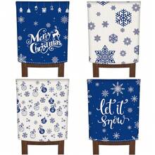 4 pièces Housses de chaise rondes joyeuses flocons de neige de Noël, en polyester, amovibles et lavables. Décorées de flocons de neige, "Joyeux Noël", de rennes et de motifs ronds sur le dossier de la chaise. Convient pour la salle à manger intérieure, les chaises de cuisine et la décoration de fête extérieure (style de Noël) - Bleu azur - Voir 2