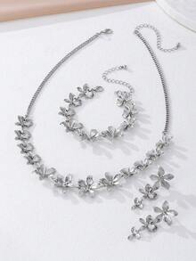 1 Set/1 pieza Conjunto de joyería de pulsera, collar y aretes con cadena y flor delicada y de moda, adecuado para uso diario de mujeres - Collar 57G7 - Ver 8